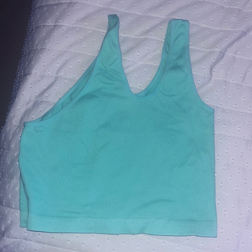 SHEIN one shoulder crop top. Light teal color and super stretchy/comfy.